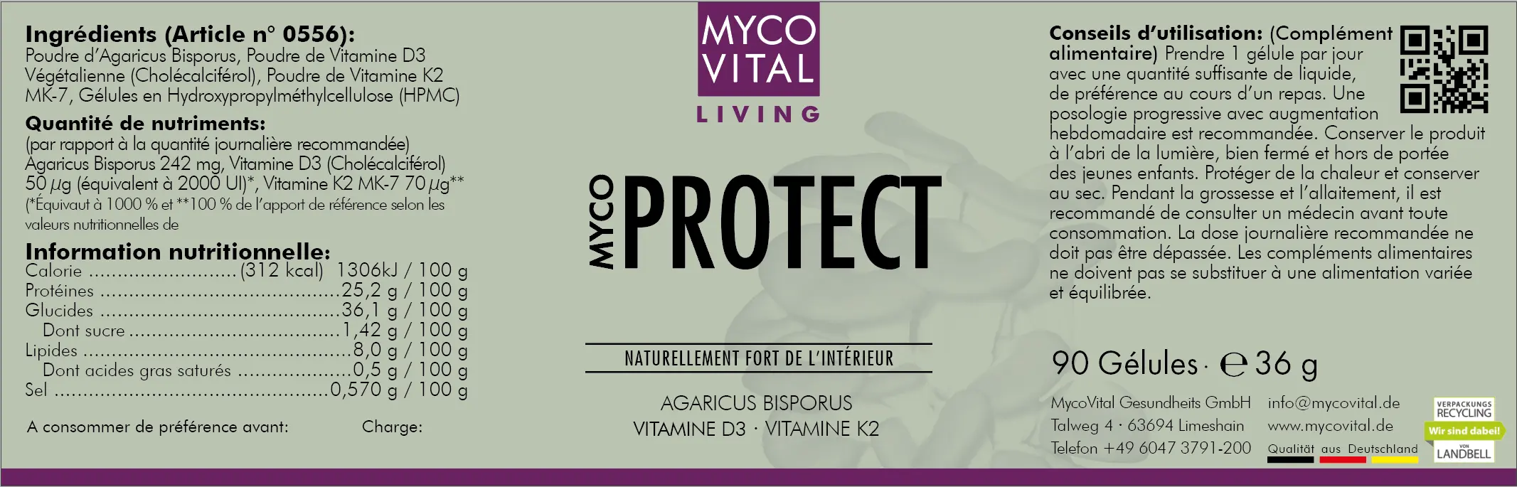 Étiquette de produit vert menthe de « MycoVital Living – Myco Protect ». À gauche, un texte en français avec les ingrédients, les quantités de nutriments et les valeurs nutritionnelles. Au centre, le nom du produit « MYCO PROTECT » accompagné de la mention « Naturellement fort de l’intérieur ». À droite, les recommandations d’utilisation, les consignes de conservation, un code QR ainsi que les informations sur le produit et le fabricant. En arrière-plan, une illustration discrète de champignons.