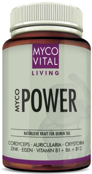 Braune Dose &bdquo;MycoVital Living &ndash; MYCO POWER&ldquo; mit wei&szlig;em Deckel und lila Akzent, 90 Kapseln, Nahrungserg&auml;nzung mit Cordyceps, Auricularia, Oxystorm&reg;, Zink, Eisen und Vitamin B-Komplex.