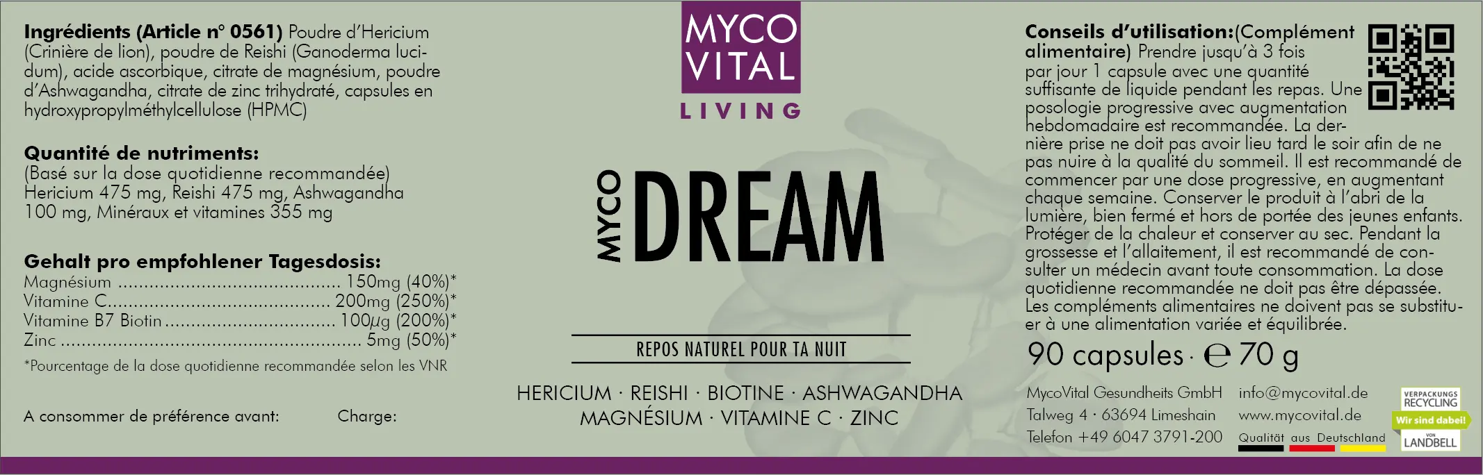 Étiquette de MYCO DREAM avec liste des ingrédients, informations nutritionnelles et recommandation de prise – Hericium, Reishi, Ashwagandha, magnésium, vitamine C, biotine et zinc.