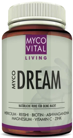Braune Dose „MycoVital Living – MYCO DREAM“ mit weißem Deckel und lila Akzent, 90 Kapseln, mit Hericium, Reishi, Ashwagandha, Magnesium, Vitamin C, Biotin und Zink.