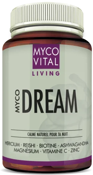 Pot brun « MycoVital Living – MYCO DREAM » avec couvercle blanc et accent violet, 90 gélules, avec Hericium, Reishi, Ashwagandha, magnésium, vitamine C, biotine et zinc.