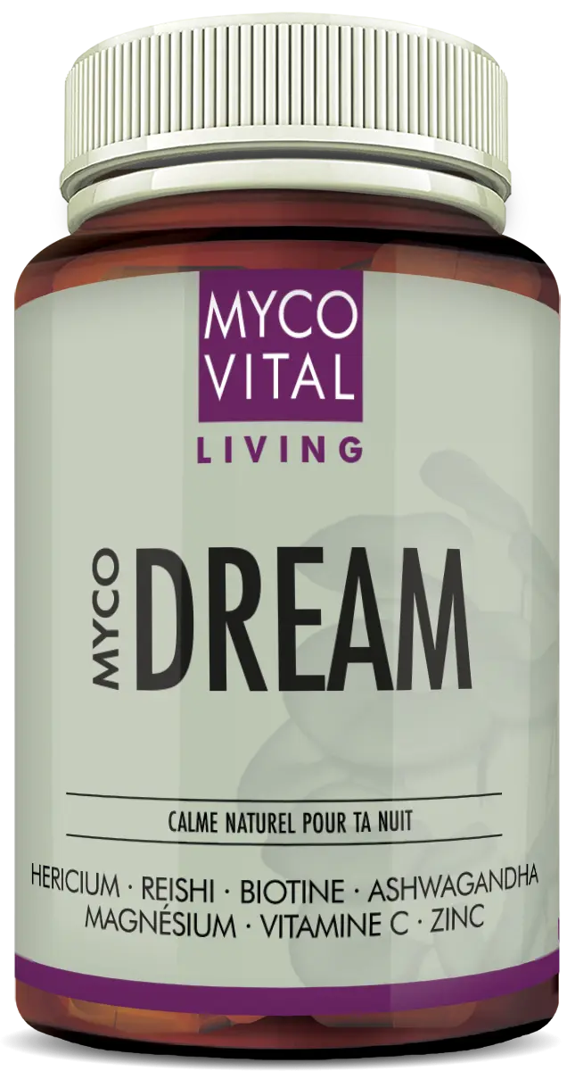 Pot brun « MycoVital Living – MYCO DREAM » avec couvercle blanc et accent violet, 90 gélules, avec Hericium, Reishi, Ashwagandha, magnésium, vitamine C, biotine et zinc.