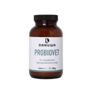 MycoVital_ Eine braune Flasche mit der Aufschrift Danuwa PROBIOVET, ein prä- und probiotisches Ergänzungsmittel für Hunde, mit einem weiß-blauen Etikett, das 100 g des Produkts enthält.
