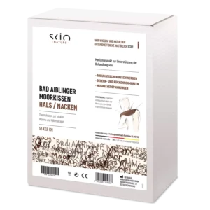 MycoVital_ Eine weiße Schachtel mit der Aufschrift Bad Aiblinger Moorkissen Hals/Nacken von SEIO Nature, mit einem Text in deutscher Sprache über ein Wärmekissen zur Linderung von Nackenschmerzen, mit braunen Akzenten und einer Auflistung der medizinischen Vorteile auf der Vorderseite.