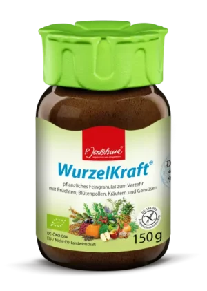 MycoVital_ Ein braunes Glasgefäß mit grünem Deckel und der Aufschrift Wurzelkraft, das 150 g pflanzliches Granulat enthält. Auf dem Etikett sind bunte Bilder von Obst, Gemüse und Kräutern abgebildet.