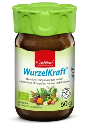 MycoVital_ Braunes Glasgefäß der WurzelKraft mit grünem Deckel und einem Etikett, auf dem verschiedene Früchte, Gemüse und Kräuter abgebildet sind. Das Etikett ist hauptsächlich weiß und blau und gibt die Menge von 60 g an. Es handelt sich um ein biologisches Granulat auf Pflanzenbasis.