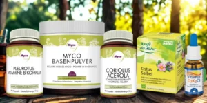 MycoVital_ Fünf Produkte zur Nahrungsergänzung, darunter Kapseln, Pulver und eine Tropfflasche, werden im Freien auf einem Tisch mit einem unscharfen natürlichen Hintergrund aus Bäumen und Sonnenlicht ausgestellt. Die Etiketten zeigen deutschen Text und florale Bilder.