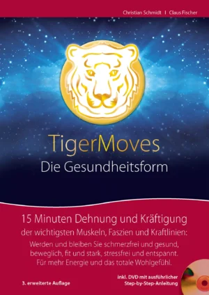 MycoVital_ Das Buchcover von TigerMoves - Die Gesundheitsform zeigt einen stilisierten Tigerkopf auf einem sternförmigen blauen Hintergrund. Der Text darunter beschreibt ein Gesundheitsprogramm zur Dehnung und Kräftigung der Muskeln in nur 15 Minuten.