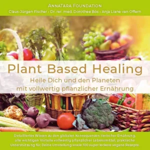 Buchcover ‚Plant Based Healing‘ mit Obst, Gemüse und pflanzlichen Lebensmitteln in Körben; Thema: vollwertig pflanzliche Ernährung, Gesundheit und vegane Rezepte.