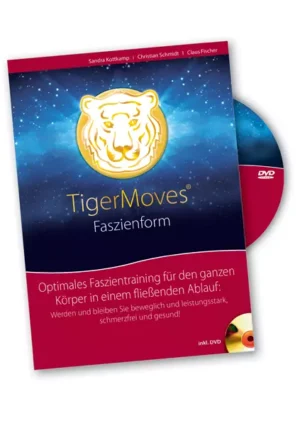 Buchcover ‚TigerMoves Faszienform‘ mit Tigerlogo und beiliegender DVD; Trainingsprogramm für Faszien- und Ganzkörperbeweglichkeit.