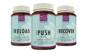 „MycoVital Sports Bundle mit den Produkten ‚Reload‘, ‚Push‘ und ‚Recover‘ zur Unterstützung von Energie, Regeneration und Leistungsfähigkeit.