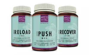 « Bundle MycoVital Sports avec les produits “Reload”, “Push” et “Recover” pour soutenir l’énergie, la récupération et la performance. »