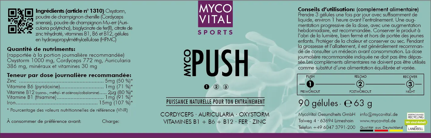 Boîte du complément alimentaire « MYCO PUSH » de MycoVital Sports, avec étiquette turquoise et couvercle blanc. L’étiquette mentionne le cordyceps, l’auricularia, le zinc et les vitamines B1, B6 et B12.