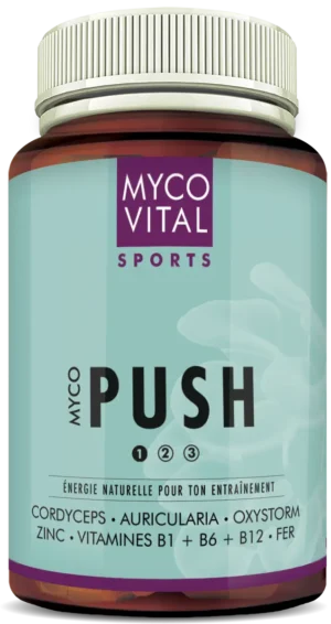 Boîte du complément alimentaire « MYCO PUSH » de MycoVital Sports avec une étiquette turquoise et un couvercle blanc. L’étiquette mentionne le cordyceps, l’auricularia, le zinc ainsi que les vitamines B1, B6 et B12.