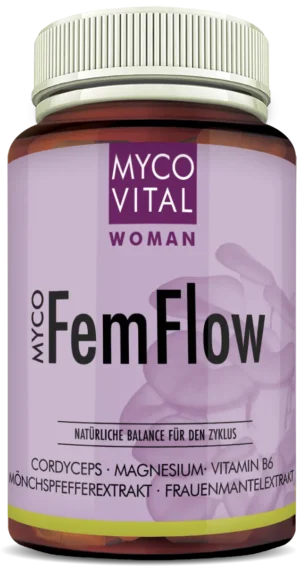Braune Glasflasche des Nahrungsergänzungsmittels MycoFemFlow von MycoVital Woman mit helllila Etikett. Aufschrift ‚Natürliche Balance für den Zyklus‘, hervorgehobene Inhaltsstoffe Cordyceps, Magnesium, Vitamin B6, Mönchspfeffer- und Frauenmantel-Extrakt.