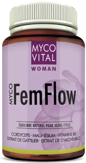 Flacon en verre brun du complément alimentaire MycoFemFlow de MycoVital Woman avec une étiquette violet clair. Mention ‘Équilibre naturel pour le cycle’ et mise en avant du cordyceps, du magnésium, de la vitamine B6, de l’extrait de gattilier et de l’extrait d’alchémille.