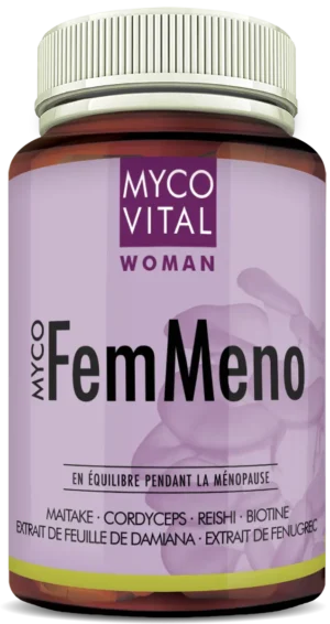 Flacon en verre brun du complément alimentaire MycoFemMeno de MycoVital Woman avec une étiquette violet clair. Mention ‘En équilibre pendant la ménopause’ et ingrédients mis en avant : maitake, cordyceps, reishi, biotine, extrait de fenugrec et extrait de feuille de damiana.