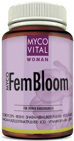 Produktglas MycoVital Woman MycoFemBloom mit Cordyceps, Reishi, Shatavari, Maca, Folsäure, Jod, Vitamin B5, B6 und Zink – Nahrungsergänzung zur Unterstützung bei Kinderwunsch.
