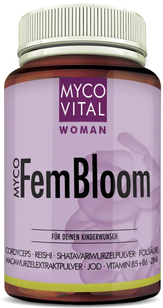 Produktglas MycoVital Woman MycoFemBloom mit Cordyceps, Reishi, Shatavari, Maca, Fols&auml;ure, Jod, Vitamin B5, B6 und Zink &ndash; Nahrungserg&auml;nzung zur Unterst&uuml;tzung bei Kinderwunsch.