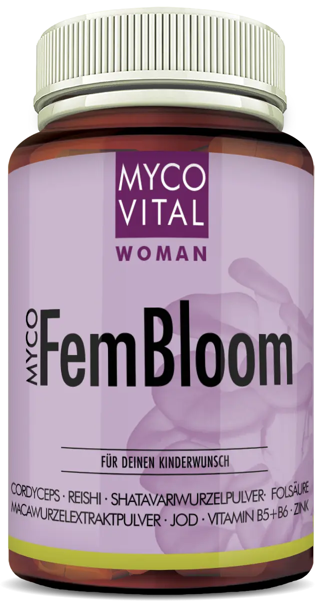Produktglas MycoVital Woman MycoFemBloom mit Cordyceps, Reishi, Shatavari, Maca, Folsäure, Jod, Vitamin B5, B6 und Zink – Nahrungsergänzung zur Unterstützung bei Kinderwunsch.