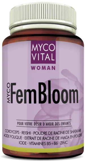 Pot du produit MycoVital Woman MycoFemBloom avec Cordyceps, Reishi, Shatavari, Maca, acide folique, iode, vitamines B5, B6 et zinc – complément alimentaire pour soutenir les femmes en période de désir d’enfant.