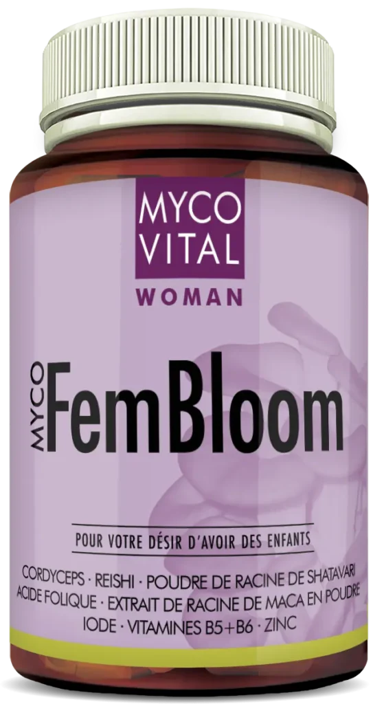 Pot MycoVital Woman MycoFemBloom avec cordyceps, reishi, shatavari, maca, acide folique, iode, vitamines B5, B6 et zinc &ndash; compl&eacute;ment alimentaire pour accompagner le d&eacute;sir d&rsquo;enfant.