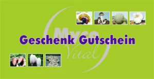 Grüner MycoVital Geschenkgutschein mit Pilzbildern und Schriftzug ‚Geschenk Gutschein Vital‘.