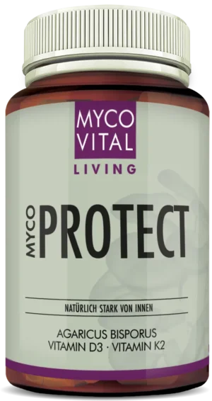 Braunes Nahrungsergänzungsmittel-Glas mit weißem Schraubdeckel und mintgrünem Etikett. Aufdruck „MycoVital Living – MYCO PROTECT“. Darunter der Hinweis „Natürlich stark von innen“ sowie die Inhaltsstoffe Agaricus bisporus, Vitamin D3 und Vitamin K2. Dezente Pilzillustration im Hintergrund.
