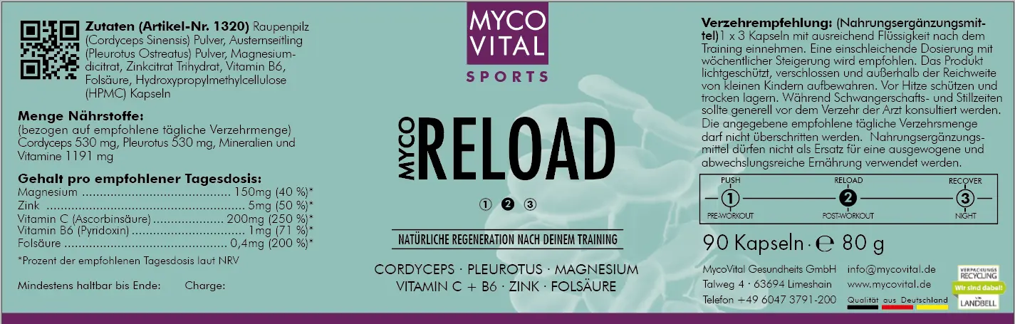 Dose des Nahrungsergänzungsmittels „MYCO RELOAD“ von MycoVital Sports mit türkisfarbenem Etikett und weißem Deckel. Auf dem Etikett stehen Hinweise auf Cordyceps, Pleurotus, Magnesium, Zink, Vitamin C, Vitamin B6 und Folsäure.