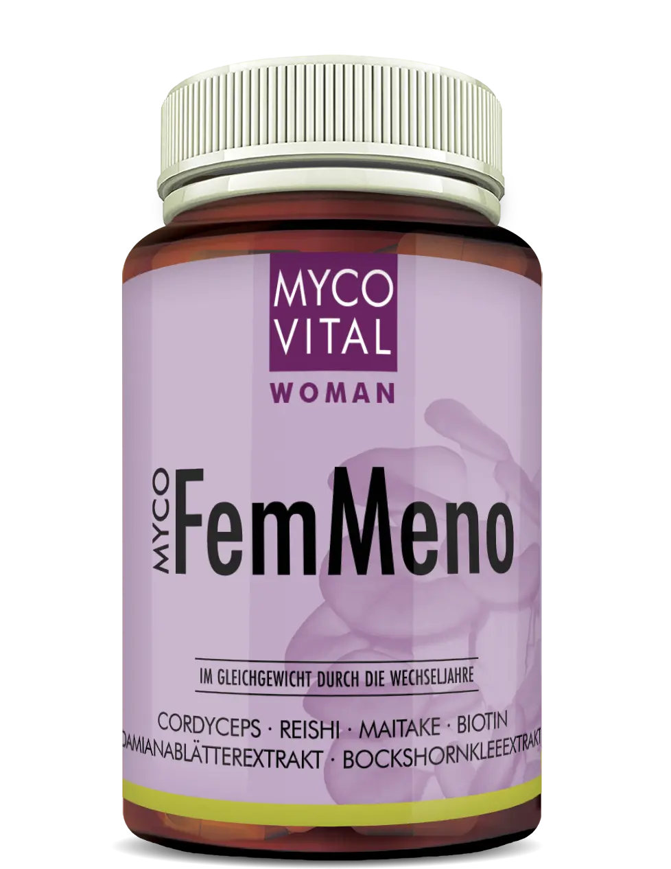 Graphic image of MycoFemMeno_MycoVital_Vitalpilz_D_front_90 _1920x1920 - Wechseljahre