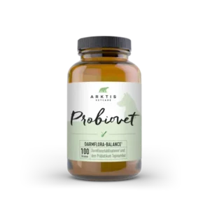 MycoVital_ Ein braunes Glas mit der Aufschrift „Probiovet“ von Arktis Vetcare, versehen mit einem schwarzen Schraubverschluss und grüner Beschriftung, auf der „Darmflora-Balance“ und „100 Gramm“ zu lesen sind, im Hintergrund ist eine dezente Tiersilhouette zu sehen.
