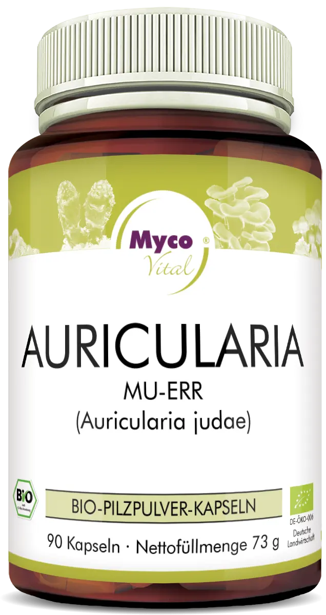 MycoVital_ Eine braune Dose mit der Aufschrift Myco Vital Auricularia MU-ERR (Auricularia judae), die 90 Bio-Pilzpulverkapseln enthält, mit grünen und weißen Akzenten und Abbildungen von Pilzen auf dem Etikett.
