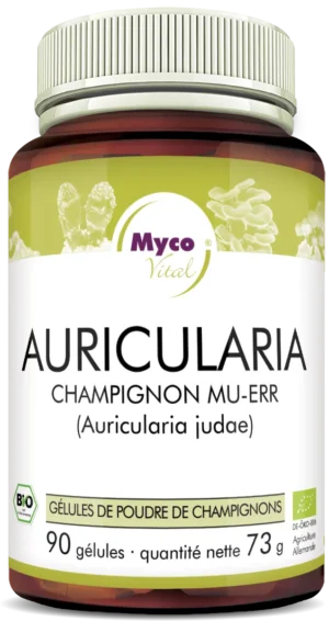 MycoVital_ Un pot brun étiqueté Auricularia MU-ERR (Auricularia judae) de MycoVital, contenant 90 capsules de poudre de champignon biologique, avec une étiquette verte et blanche et des images de champignons en arrière-plan.