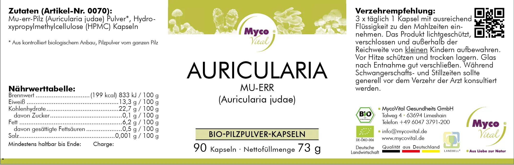 MycoVital_ Etikett für Auricularia (Mu-Err) Bio-Pilzpulverkapseln mit Inhaltsstoffen, Nährwertangaben, Dosierung, Zertifizierungen und Kontaktinformationen des Unternehmens auf weißem Hintergrund mit grünen und gelben Akzenten.