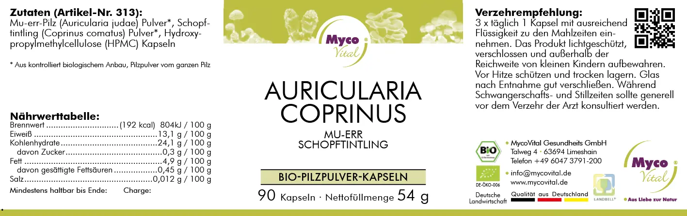 MycoVital_ Label for MycoVeda Auricularia Coprinus mushroom capsule supplement. Includes ingredients, nutritional values, dosage instructions, certifications, and company contact info. White background with purple and green accents.