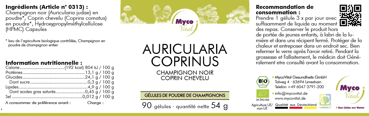 MycoVital_ Étiquette des capsules de poudre de champignon bio MycoVital Auricularia Coprinus, indiquant les ingrédients, les informations nutritionnelles, les instructions de dosage, les certifications biologiques et les coordonnées. Principalement en allemand avec des accents jaunes et verts.