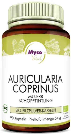 MycoVital_ Eine braune Flasche mit der Aufschrift Auricularia Coprinus MU-ERR Schopftintling, die 90 Kapseln mit Bio-Pilzpulver enthält. Das MycoVital-Logo und die Bio-Zertifizierungssiegel sind ebenfalls auf dem Etikett zu sehen.