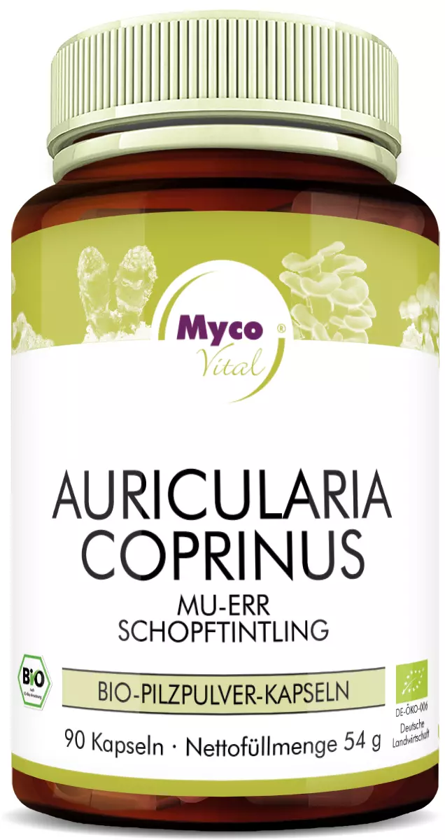 MycoVital_ A brown bottle labeled Myco Vital Auricularia Coprinus Mu-Err Schopftintling contains 90 capsules of organic mushroom powder. The label features certification logos and images of mushrooms on a yellow-green background.