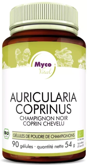 MycoVital_ Un flacon brun étiqueté Auricularia Coprinus bio mushroom powder capsules by Myco Vital, contenant 90 capsules (54g) avec des symboles de certification biologique et des images de champignons sur l'étiquette.