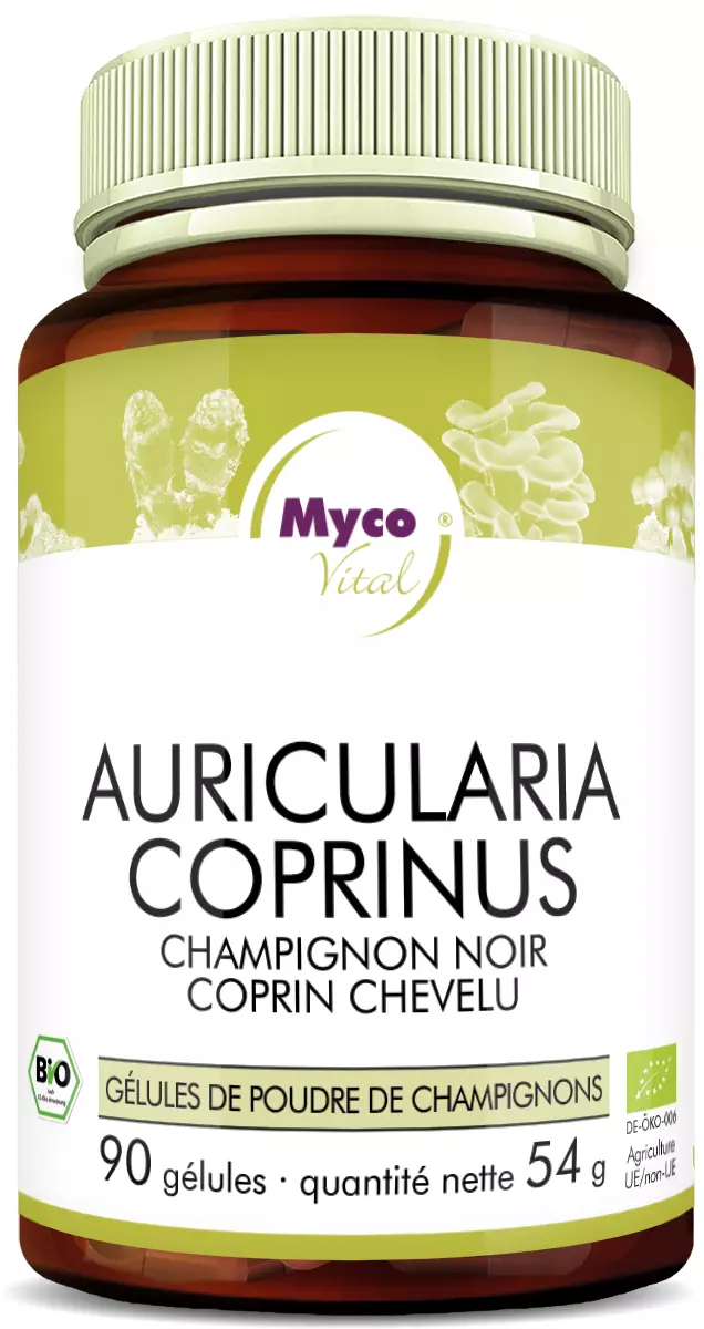 MycoVital_ Un flacon brun étiqueté Auricularia Coprinus bio mushroom powder capsules by Myco Vital, contenant 90 capsules (54g) avec des symboles de certification biologique et des images de champignons sur l'étiquette.