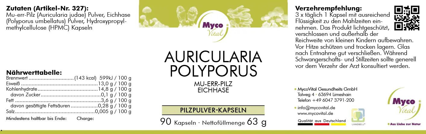 MycoVital_ Etiqueta de las cápsulas de seta Auricularia Polyporus de MycoVital. Muestra los ingredientes, la información nutricional, la dosis recomendada y los datos de contacto. El producto se comercializa como complemento alimenticio con 90 cápsulas por envase.