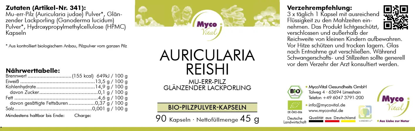 MycoVital_ Label for MycoVital Auricularia Reishi BIO mushroom powder capsules. Contains ingredients, nutritional information, usage instructions, company details, and certifications. Package includes 90 capsules, net weight 45g.