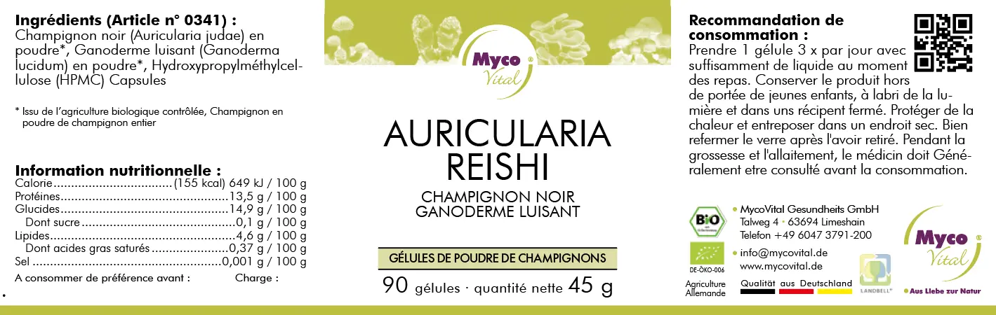 MycoVital_ L'étiquette de MycoVital Bio-Pilzpulver-Kapseln indique les ingrédients, les valeurs nutritionnelles et les instructions de dosage des capsules de champignon Auricularia Reishi. L'emballage comprend les coordonnées de l'entreprise et des éléments graphiques verts, violets et blancs.