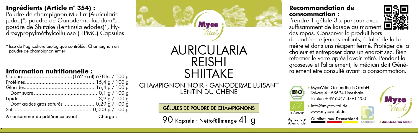 MycoVital_ Label d'un complément alimentaire appelé Myco Vital contenant de la poudre de champignons Auricularia, Reishi et Shiitake en gélules. Comprend les ingrédients, les valeurs nutritionnelles, l'utilisation recommandée et les certifications du produit.