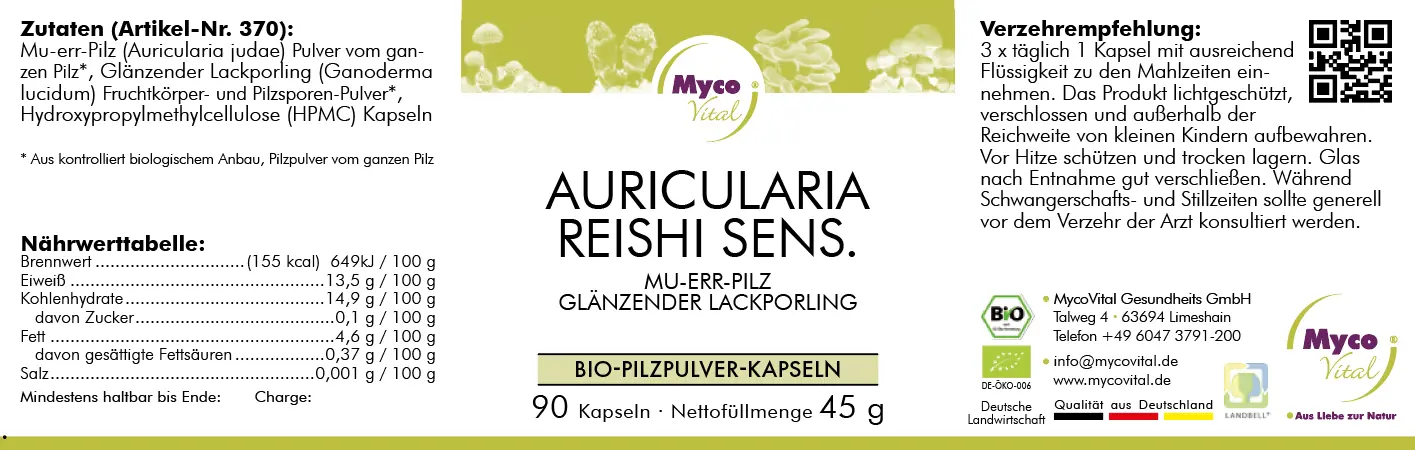 MycoVital_ Etichetta delle capsule MycoVital Auricularia Reishi Sens. con ingredienti, valori nutrizionali, istruzioni d'uso e informazioni di contatto. L'etichetta è caratterizzata dai colori verde e viola e mette in risalto le capsule di polvere di funghi biologici.