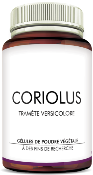 MycoVital_ Un flacon blanc avec un bouchon gris étiqueté CORDIOLUS SCHMETTERLINGSTRAMETE (Coriolus versicolor), contenant des capsules de poudre de champignon destinées à la recherche. Le texte est en allemand.