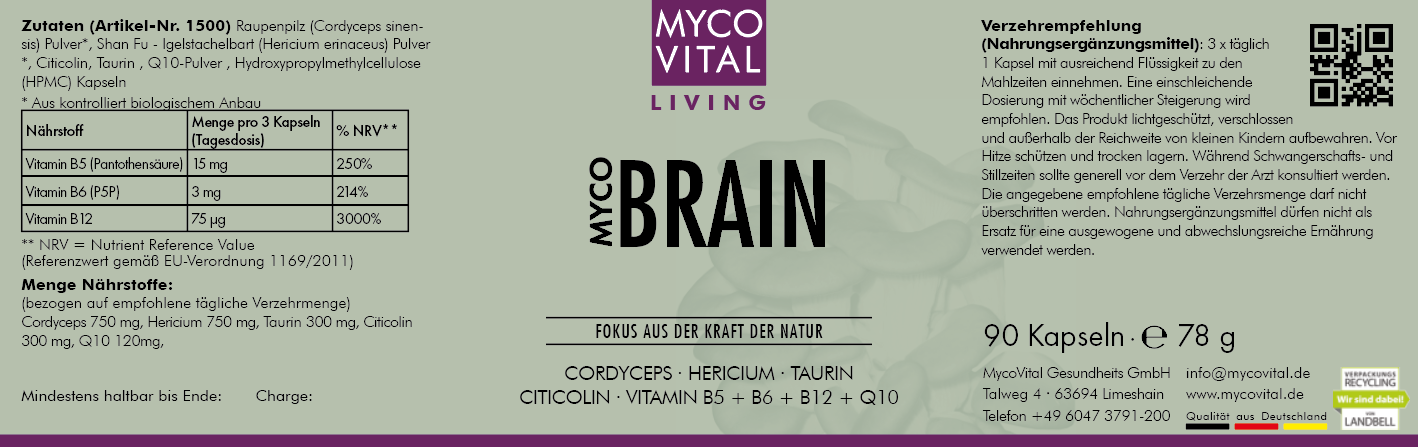 MycoVital_ Etikett für das Nahrungsergänzungsmittel MYCOVITAL LIVING MYCO BRAIN mit Inhaltsstoffen, Nährwertangaben, Anwendungshinweisen und Produktgewicht (90 Kapseln, 78 g). Das Design zeigt lila und grüne Farben mit weißem Text.