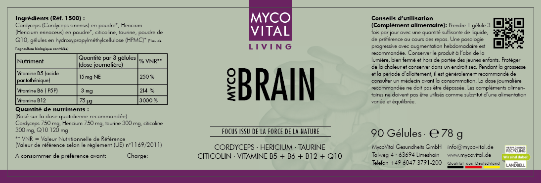 MycoVital_ Étiquette pour le complément alimentaire MYCOVITAL LIVING MYCO BRAIN avec les ingrédients, les informations nutritionnelles, les instructions d’utilisation et le poids du produit (90 gélules, 78 g). Le design présente des couleurs violettes et vertes avec du texte blanc.