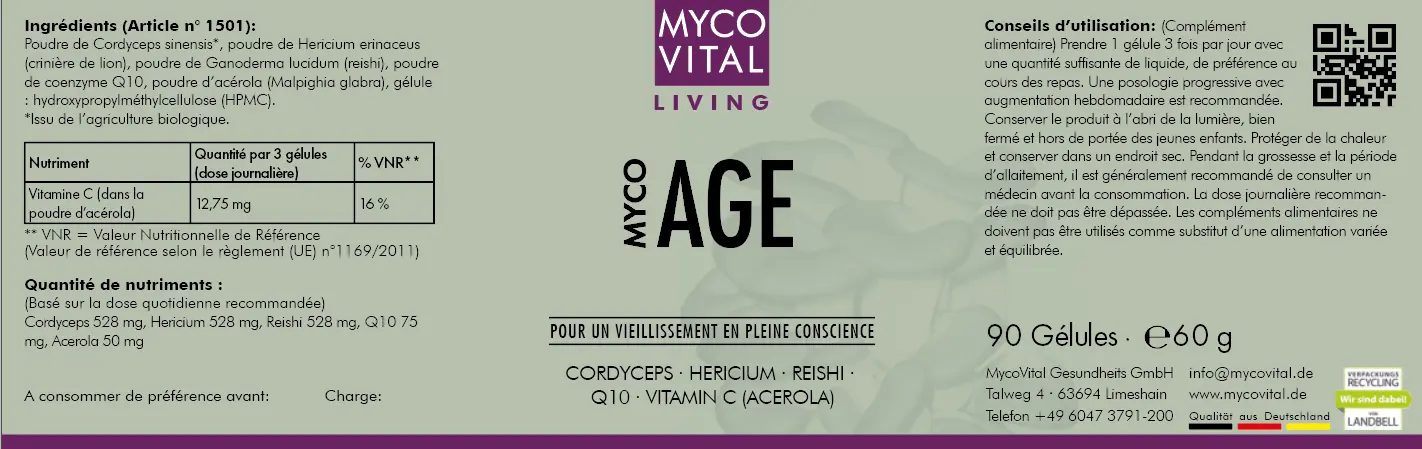 MycoVital_ Une étiquette pour le complément alimentaire MYCOVITAL LIVING Myco Age. Elle contient une liste des ingrédients, des valeurs nutritionnelles et des instructions de dosage, ainsi que des logos, un code QR et du texte sur un fond vert et violet. Le paquet contient 90 gélules.