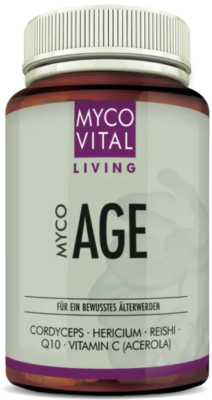 MycoVital_ Eine Dose mit MYCOVITAL Living MYCO AGE Nahrungsergänzungsmitteln, die Inhaltsstoffe wie Cordyceps, Hericium, Reishi, Q10 und Vitamin C (Acerola) enthalten. Das Etikett ist weiß und lila mit deutschem Text.